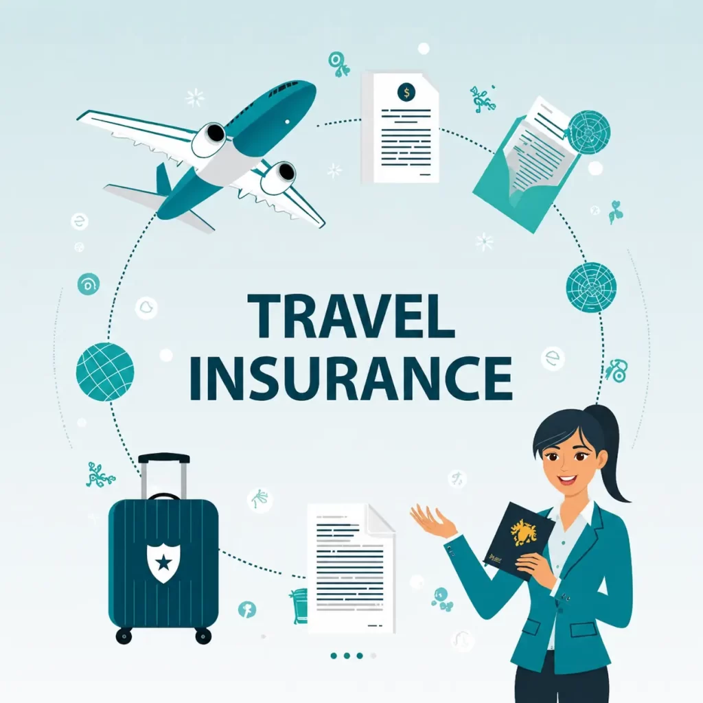 Illustration of travel insurance for international travel featuring an airplane, travel documents, luggage, passport and a traveller, highlighting secure and protected overseas journeys.