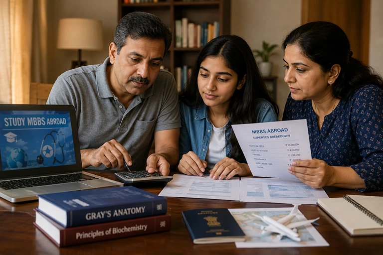 Indian parents and student calculating MBBS abroad education expenses with passport, medical books, documents, calculator, and laptop at home.