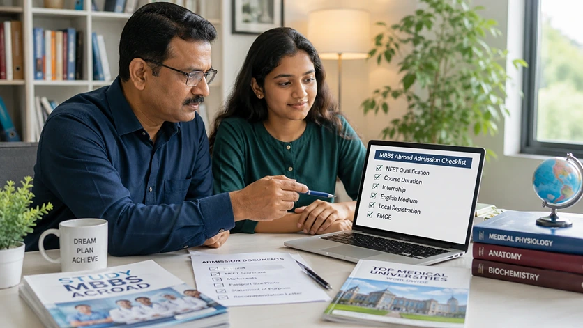 Parent and student checking MBBS admission checklist.