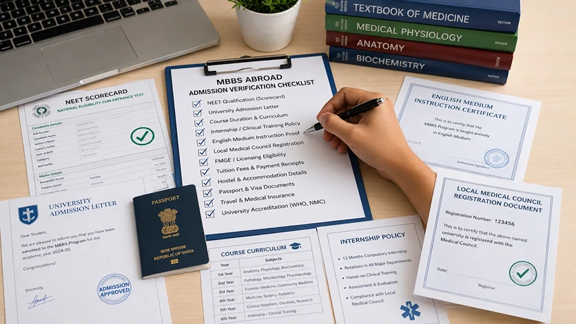 MBBS abroad admission checklist with NEET scorecard, passport, admission letter, and registration documents.
