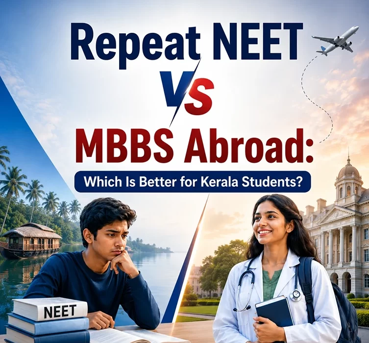Repeat NEET vs MBBS Abroad banner for Kerala students.