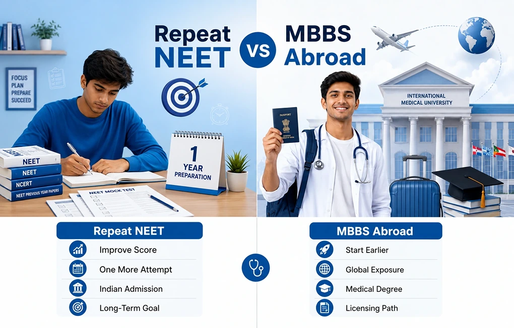 Repeat NEET vs MBBS Abroad infographic for Indian students.