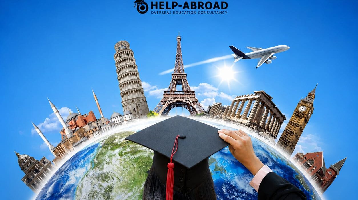 Help-Abroad promotional image featuring an airplane flying above the earth with international landmarks, representing study abroad and overseas education opportunities.