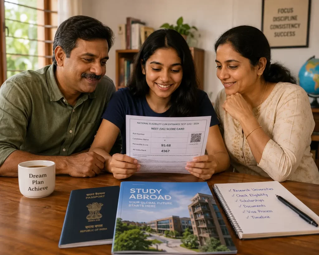 Kerala student sitting with parents, reviewing a NEET scorecard, passport, and overseas university brochure at a table.