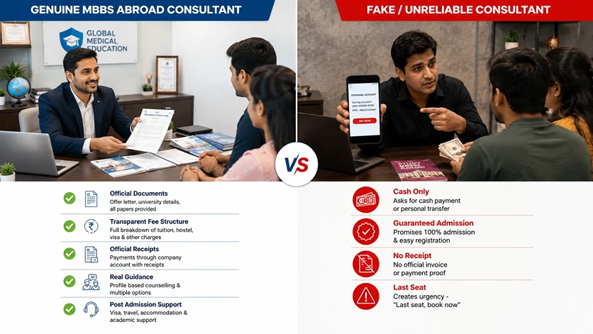 Comparison of genuine and fake MBBS abroad consultants.