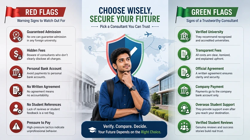 Infographic comparing red flags and green flags when choosing an MBBS abroad consultant.