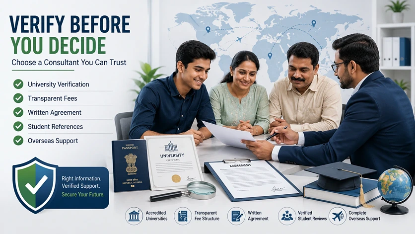 Student and parents verifying MBBS abroad consultant documents before admission.