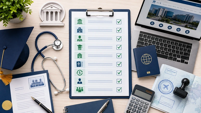 MBBS abroad admission verification checklist with university documents, passport and medical education essentials.