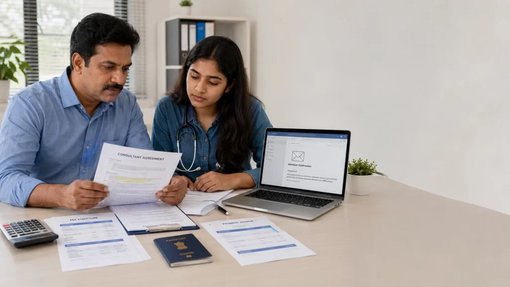 Student verifying MBBS consultant documents.