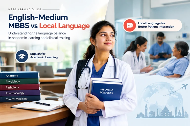 English-medium MBBS student learning local language for clinical training and patient communication abroad