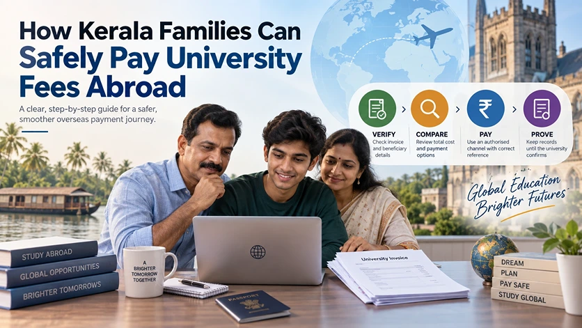 Kerala family safely paying overseas university fees using verified international payment methods.