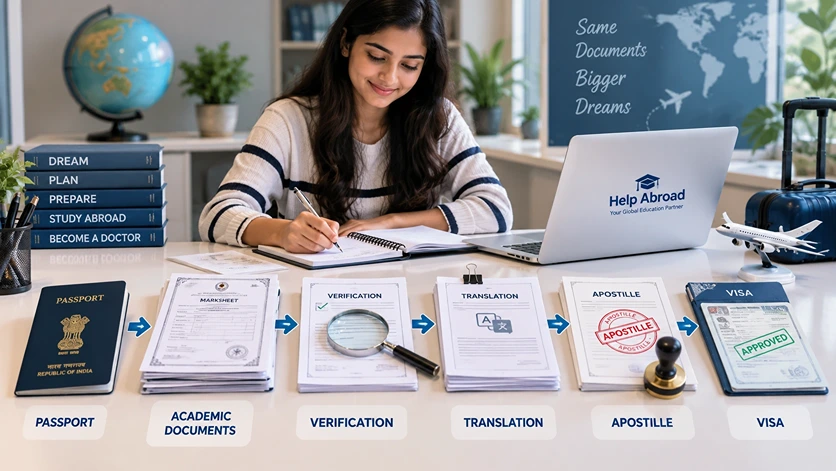 Student preparing MBBS abroad documents with passport, verification, translation, apostille and visa steps