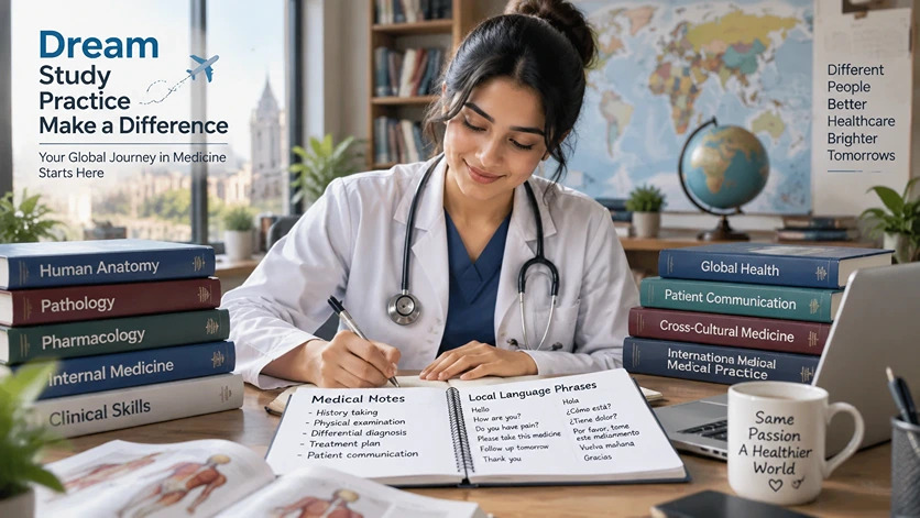 MBBS student studying medical notes and local language phrases
